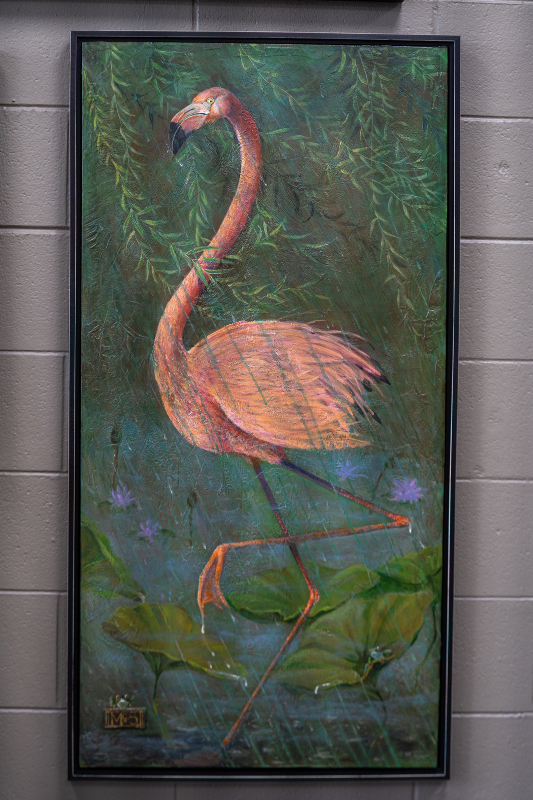 Framed flamingo painting