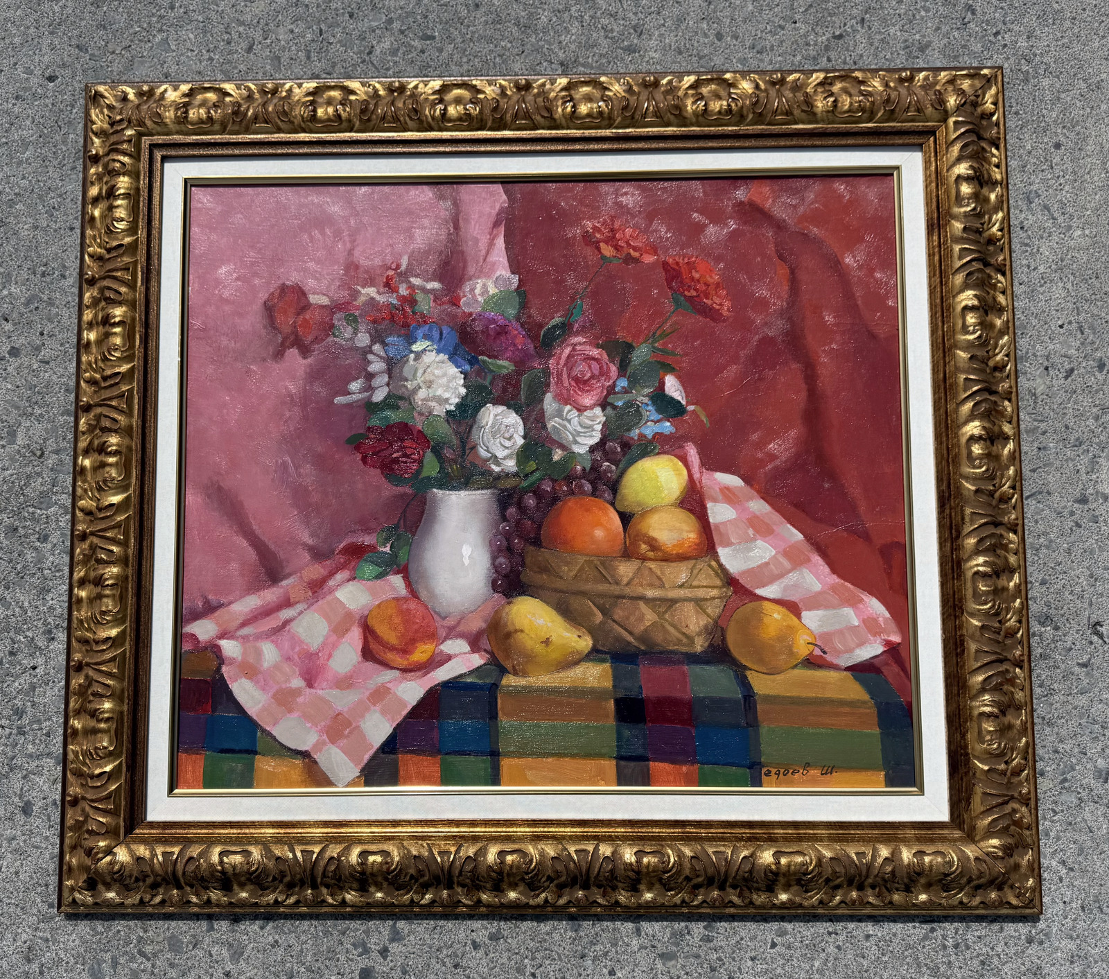 Framed still life oil painting with flowers and fruit