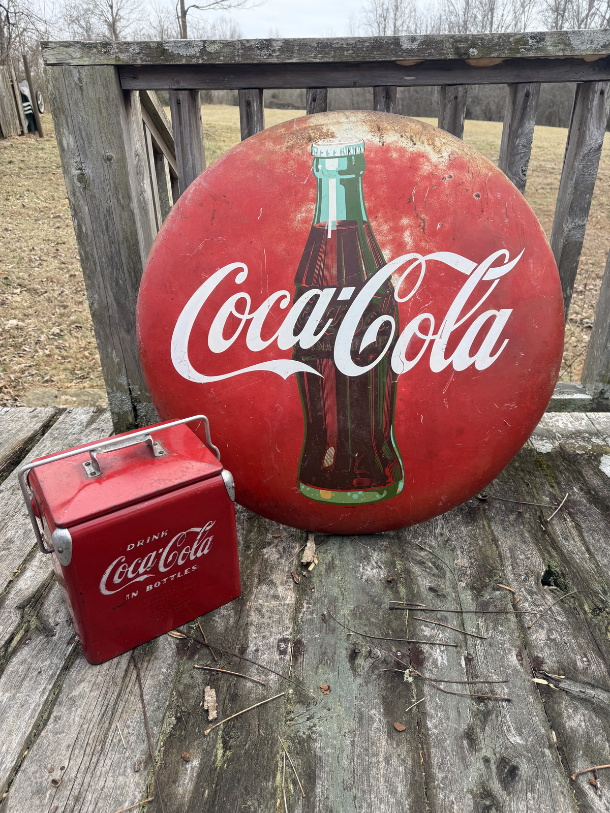 Vintage Coca-Cola button sign and cooler