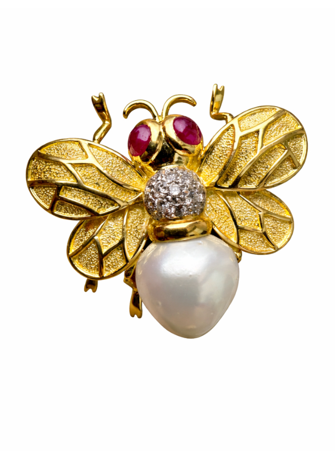 Gold bee brooch with pearl, ruby, and diamonds